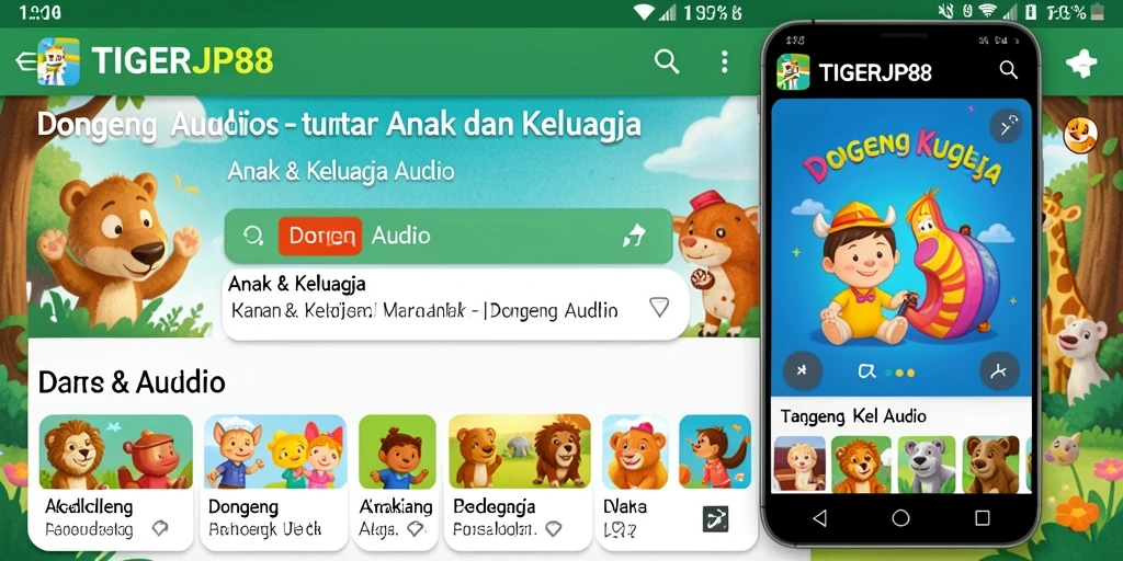 Screenshot antarmuka aplikasi TIGERJP88 dengan fitur dongeng audio.